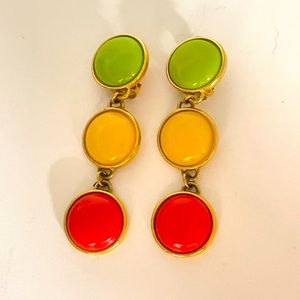 90s Vintage Orange Yellow Green Three Disc Dangle Clip-On Earrings 3" Long